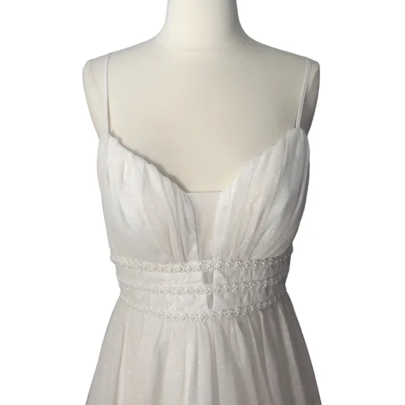 Ivory Sparkly Beaded Plunge Prom Evening Wedding Gown - Picture 2 of 11